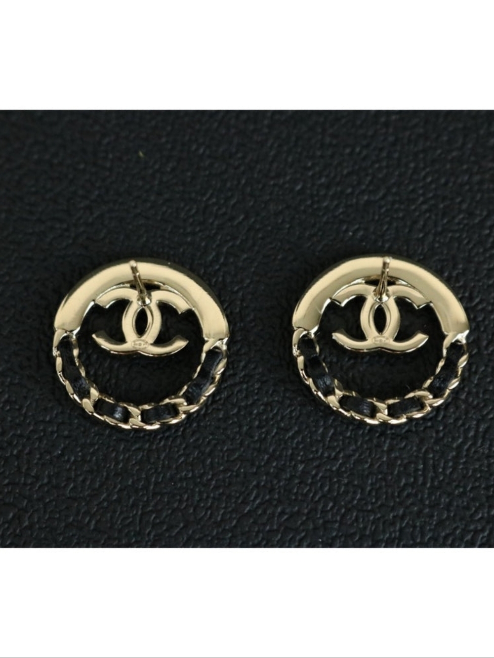 Chanel 2022 Studded Pierced Earrings with Leather Braided Gold Tone LIKE NEW! - Picture 4 of 10